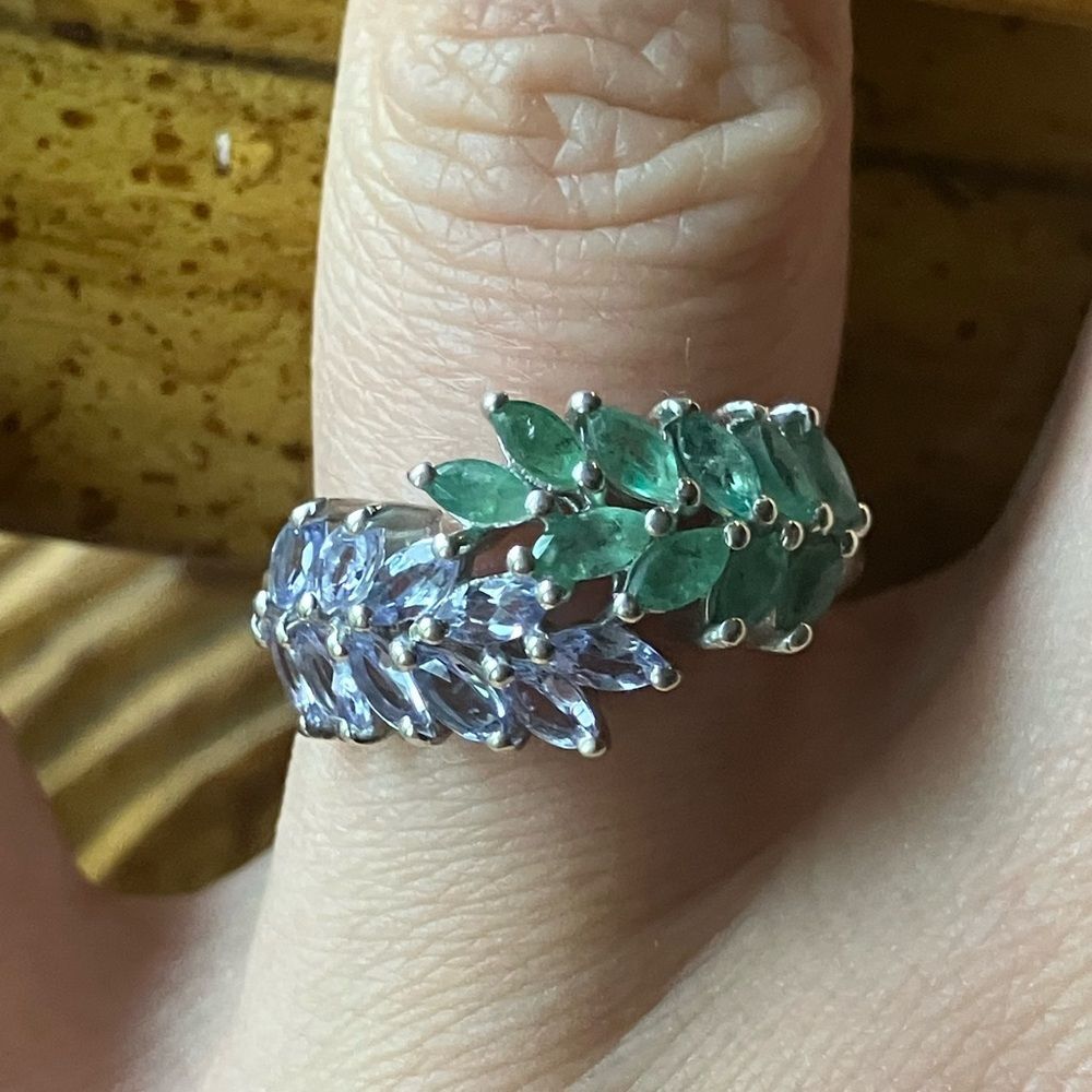 Natural Emerald Tanzanite Sterling Silver Marquise Ring Size 7